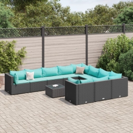 Set de sofás de jardín 11 pzas y cojines ratán sintético negro