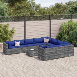 Set de sofás de jardín 11 pzas y cojines ratán sintético gris