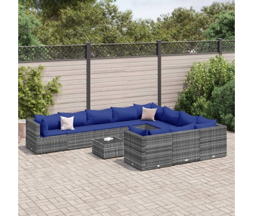 Set de sofás de jardín 11 pzas y cojines ratán sintético gris