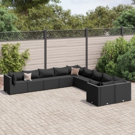 Set de sofás de jardín y cojines 10 pzas ratán sintético negro
