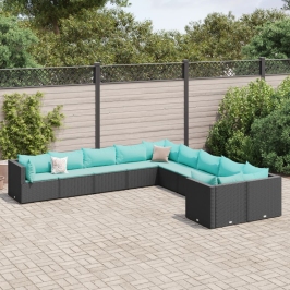 Set de sofás de jardín y cojines 10 pzas ratán sintético negro