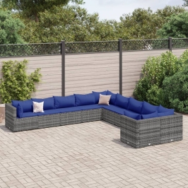 Set de sofás de jardín y cojines 10 pzas ratán sintético gris