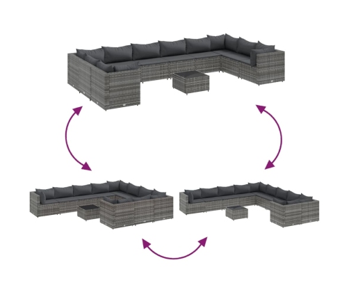 Set de sofás de jardín 11 pzas y cojines ratán sintético gris