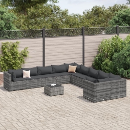 Set de sofás de jardín 11 pzas y cojines ratán sintético gris