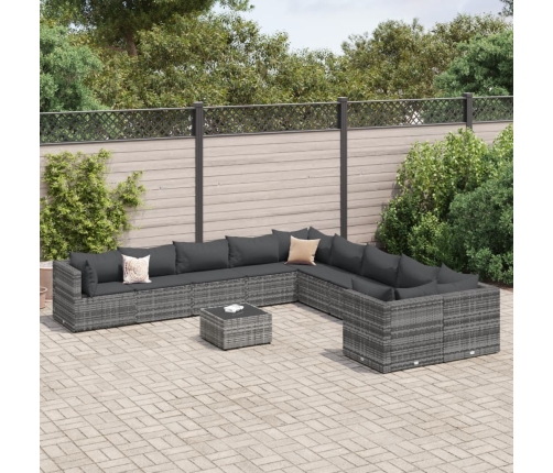 Set de sofás de jardín 11 pzas y cojines ratán sintético gris