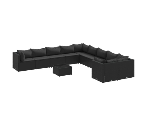 Set de sofás de jardín 11 pzas y cojines ratán sintético negro
