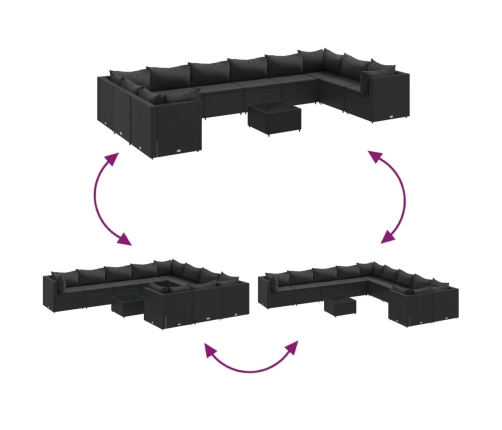Set de sofás de jardín 11 pzas y cojines ratán sintético negro
