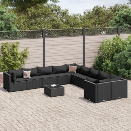 Set de sofás de jardín 11 pzas y cojines ratán sintético negro