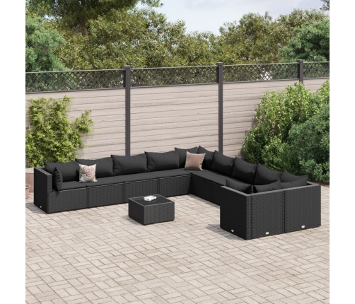 Set de sofás de jardín 11 pzas y cojines ratán sintético negro