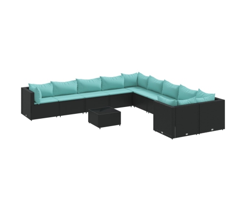 Set de sofás de jardín 11 pzas y cojines ratán sintético negro