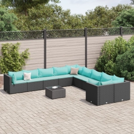 Set de sofás de jardín 11 pzas y cojines ratán sintético negro