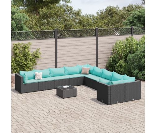 Set de sofás de jardín 11 pzas y cojines ratán sintético negro