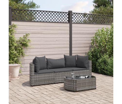 Set de sofás de jardín 4 pzas y cojines ratán sintético gris