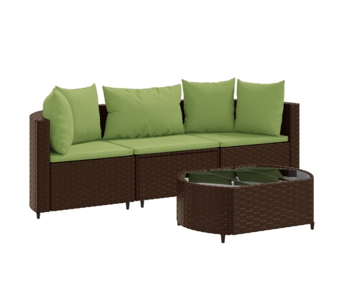 Set de sofás de jardín 4 pzas y cojines ratán sintético marrón