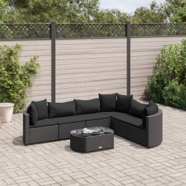 Set de sofás de jardín 7 pzas con cojines ratán sintético negro