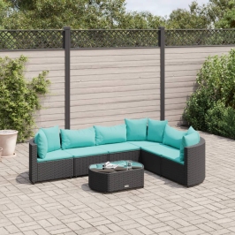 Set de sofás de jardín 7 pzas con cojines ratán sintético negro