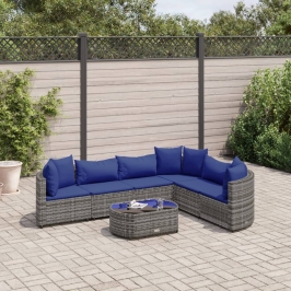 Set de sofás de jardín 7 pzas con cojines ratán sintético gris