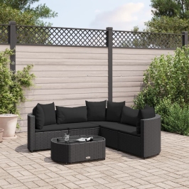 Set de sofás de jardín 6 piezas y cojines ratán sintético negro