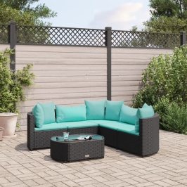 Set de sofás de jardín 6 piezas y cojines ratán sintético negro