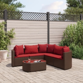 Set sofás de jardín 6 piezas y cojines ratán sintético marrón