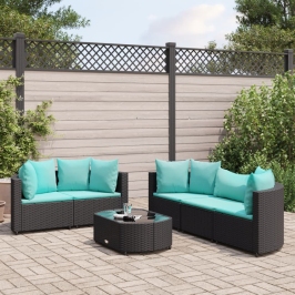 Set de sofás de jardín 6 piezas y cojines ratán sintético negro