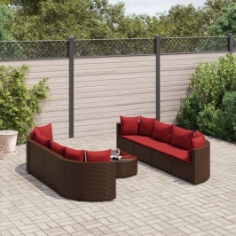 Set de sofás de jardín 9 pzas y cojines ratán sintético marrón