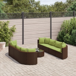 Set de sofás de jardín 9 pzas y cojines ratán sintético marrón