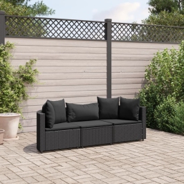 Set de sofás de jardín con cojines 3 pzas ratán sintético negro