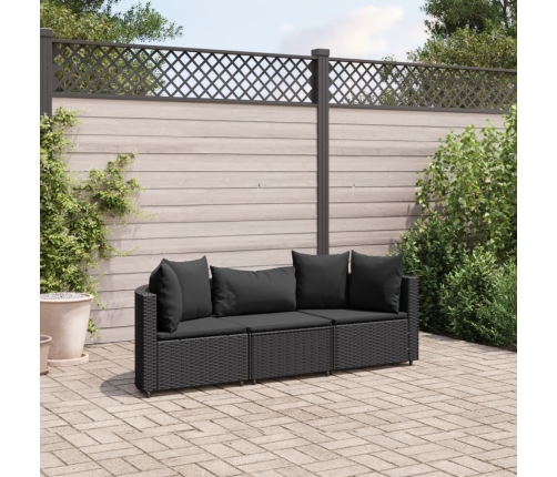 Set de sofás de jardín con cojines 3 pzas ratán sintético negro