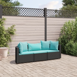Set de sofás de jardín con cojines 3 pzas ratán sintético negro