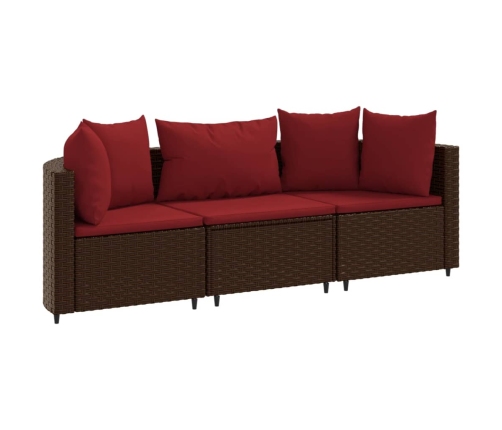 Set sofás de jardín 3 piezas y cojines ratán sintético marrón