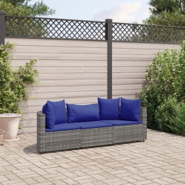 Set de sofá de jardín 3 pzas y cojines ratán sintético gris