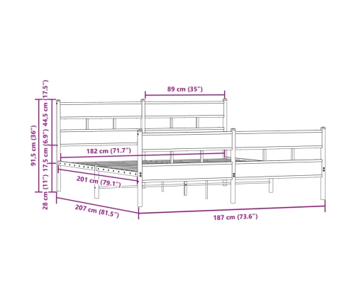 Estructura de cama sin colchón metal roble marrón 180x200 cm