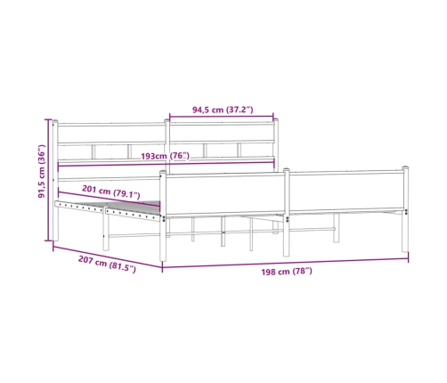 Estructura de cama sin colchón metal roble ahumado 193x203 cm