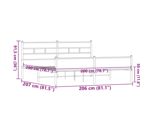 Estructura de cama sin colchón metal roble marrón 200x200 cm