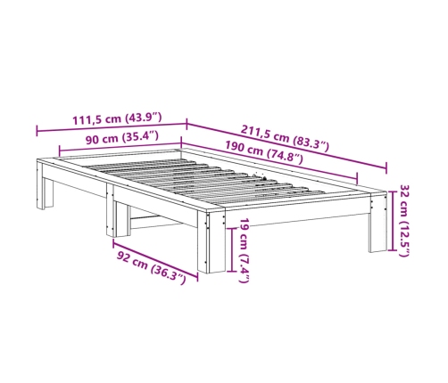 Estructura de cama sin colchón madera maciza de pino 90x190 cm