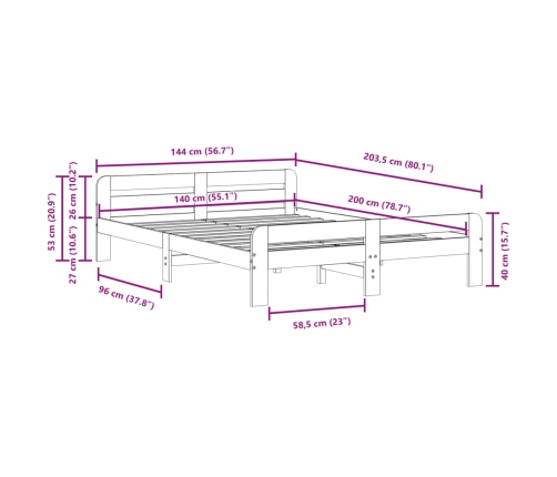 Cama sin colchón madera maciza de pino marrón cera 140x200 cm