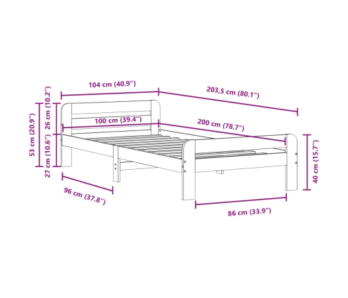 Estructura de cama sin colchón madera maciza de pino 100x200 cm