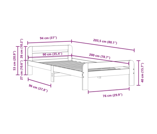 Estructura de cama sin colchón madera maciza de pino 90x200 cm