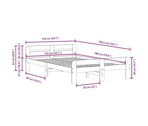 Estructura de cama sin colchón madera maciza de pino 135x190 cm