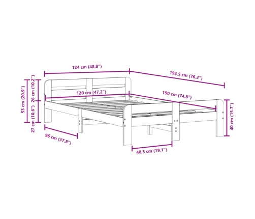 Estructura de cama sin colchón madera maciza de pino 120x190 cm