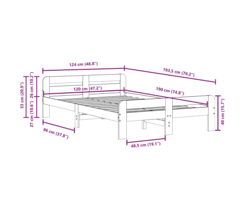 Estructura de cama sin colchón madera maciza marrón 120x190 cm