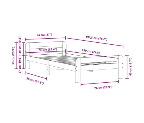 Estructura de cama sin colchón madera maciza de pino 90x190 cm