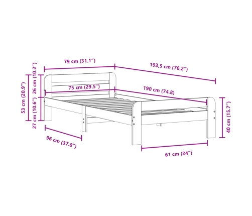 Estructura de cama sin colchón madera maciza pino 75x190 cm