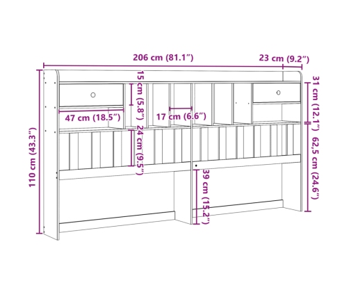 Cabecero de cama con almacenaje madera maciza de pino 200 cm