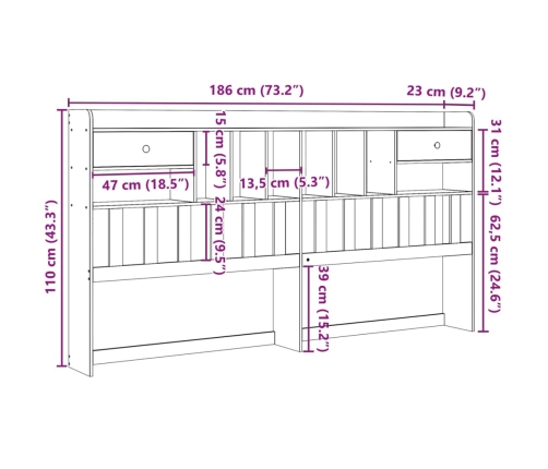 Cabecero de cama con almacenaje madera maciza de pino 180 cm