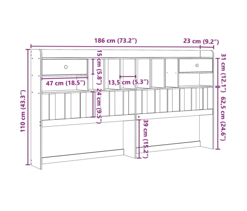 Cabecero de cama almacenaje madera maciza pino marrón 180 cm