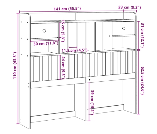 Cabecero de cama con almacenaje madera maciza de pino 135 cm