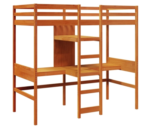 Cama alta escritorio y estantes madera maciza marrón 90x200 cm