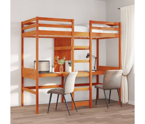 Cama alta escritorio y estantes madera maciza marrón 90x200 cm